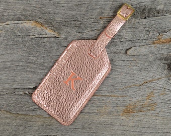 Rose Gold Leather Luggage Tag with Personalized Initial - Customized Travel Gift for Bridesmaids