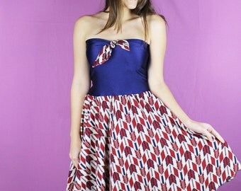 Burgundy and Navy Dress, Handmade Strapless Dress, Navy Blue Dress Dress, Handmade Twirl dress, OOAK dress, BOW Dress