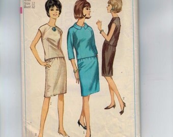1960s Vintage Sewing Pattern Simplicity 6304 Misses Two Piece Dress Size 12 Bust 32 1965 60s