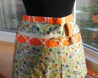 Handmade Vendor Apron Kitchen Tools Green Orange Mid Century Modern Utility Craft Farmers Market Teacher