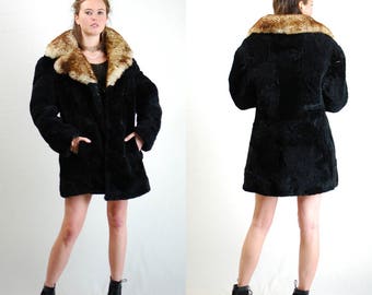 Sheepskin Coat Vintage Black + Brown Cozy Plush Warm Shearling Sheepskin Winter Coat (s m l)