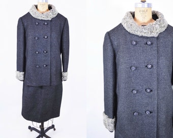 1950s suit vintage 50s charcoal gray wool fur collar suit jacket skirt L W 30