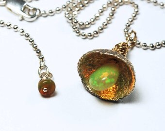 Pixie Lamp- Sterling Silver, Gold and Opal Acorn Cap Necklace