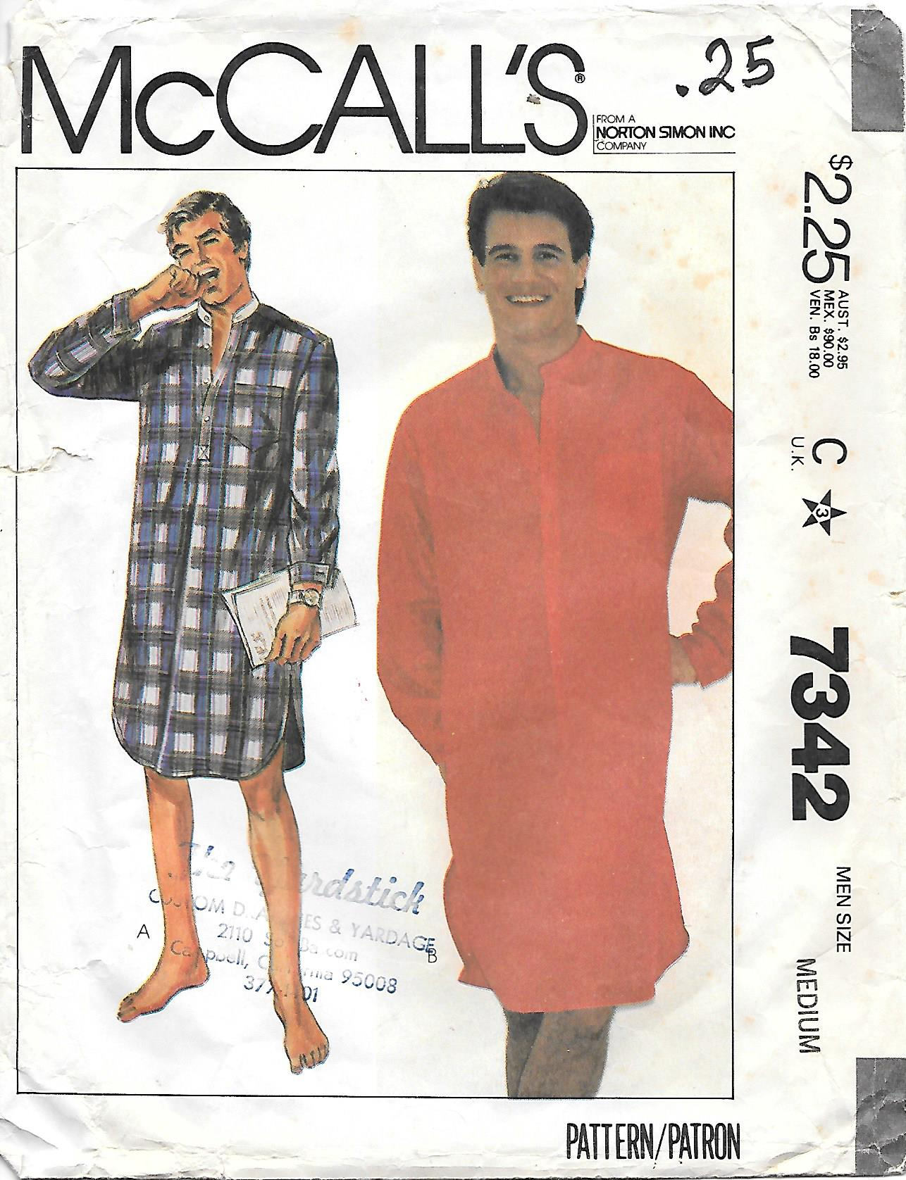 McCalls 7342 1980s Mens Nightshirt Vintage Sewing Pattern