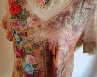 art to wear, handmade unique top, hand dyed lace, 3D beadwork, turquoise beads, upcycled clothing, romantic tattered