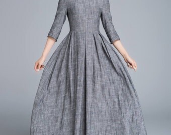 grey dress, linen dress, summer dress, maxi dress, romantic dress, classic dress, pleated dress, fitted dress, womens dresses, gift 1653