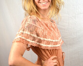 Vintage 1970s 70s Young Edwardian By Arpeja Peach Boho Lace Dress