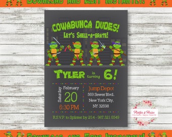 Editable Ninja Turtles Invitation - Ninja Turtle Birthday Invitation - INSTANT DOWNLOAD - Edit at Home with Adobe Reader Now!