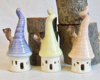 Garden Fairy Houses - Mini Houses with Tall Curly Roofs and Chimneys - Pastel Houses - Pink - Yellow - Lavender - Handmade, Ready to Ship
