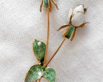 Vintage Enamel White Rose Bud Brooch Pin