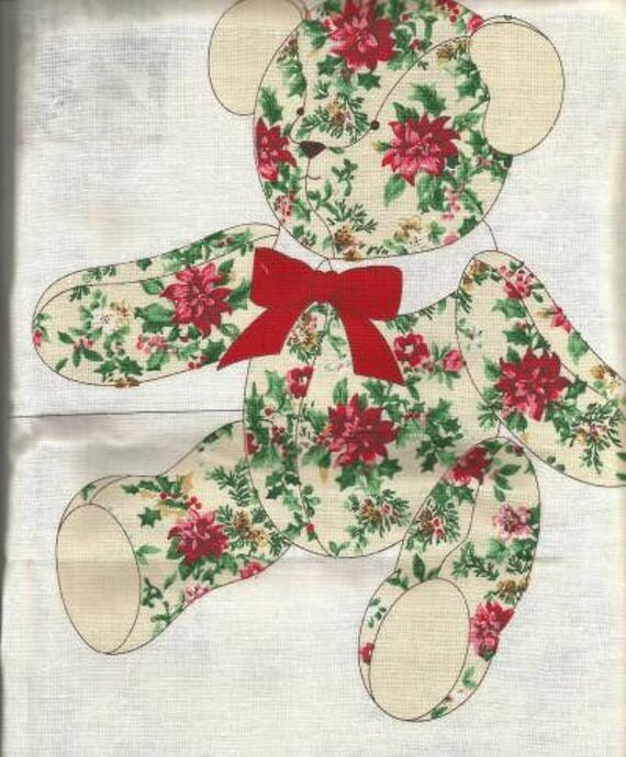 Christmas Teddy Bear Fabric Panel Floral and Holly Print