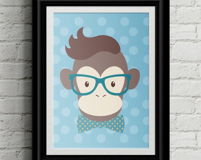 Hipster Baby Monkey Themed Kid's Bedroom Wall Art - Hipster -Girls Room Decor - Boys Room Decor - Nursery Decor