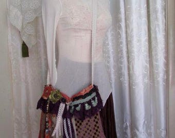 Small Patchwork Bag, festival purple orange colors, colorful hippie bag, granny bag, lace tassels, handmade fabric bag