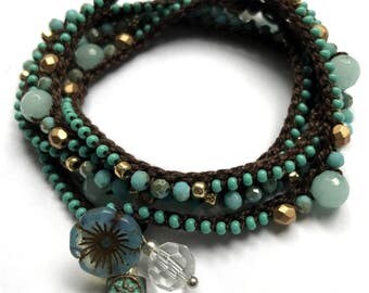 Aqua and gold beaded crochet wrap bracelet, summer fashion, bohemian jewelry, crochet jewelry, gift for her, coffycrochet, summer jewelry