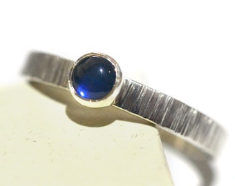 Blue Sapphire Engagement Ring, Simple Rustic Sapphire Promise Ring, Custom Engraved Hammered Silver Band, Tree Bark Commitment Ring