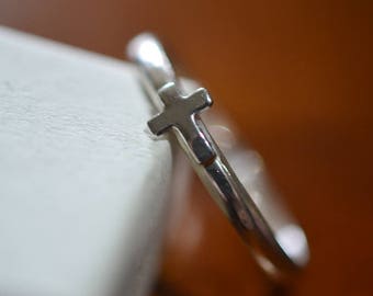 Sideways Cross Ring in Sterling Silver, Personalized Simple Little Cross Charm Jewelry, Custom Engraved Band