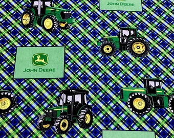John Deere fabric, country farm tractor with green plaid fabric, 100% cotton fabric for Quilting and general sewing projects.