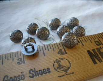 Tiny Fleur De Lis Buttons Pewter color 16L (3/8" 9.5 MM) dark gray stamped design sewing craft metal dome shank paper tag supply steampunk