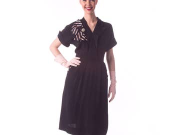 1940's Black Rayon Dress/ 40's Day Dress/ Pink Stripes and Bow Medium Forties