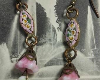 PINK MICRO MOSAIC flowers vintage antique assemblage earrings
