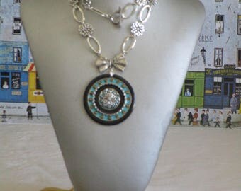 Ravissant collier plastron en bois laqué or et turquoise "Une composition romantique"