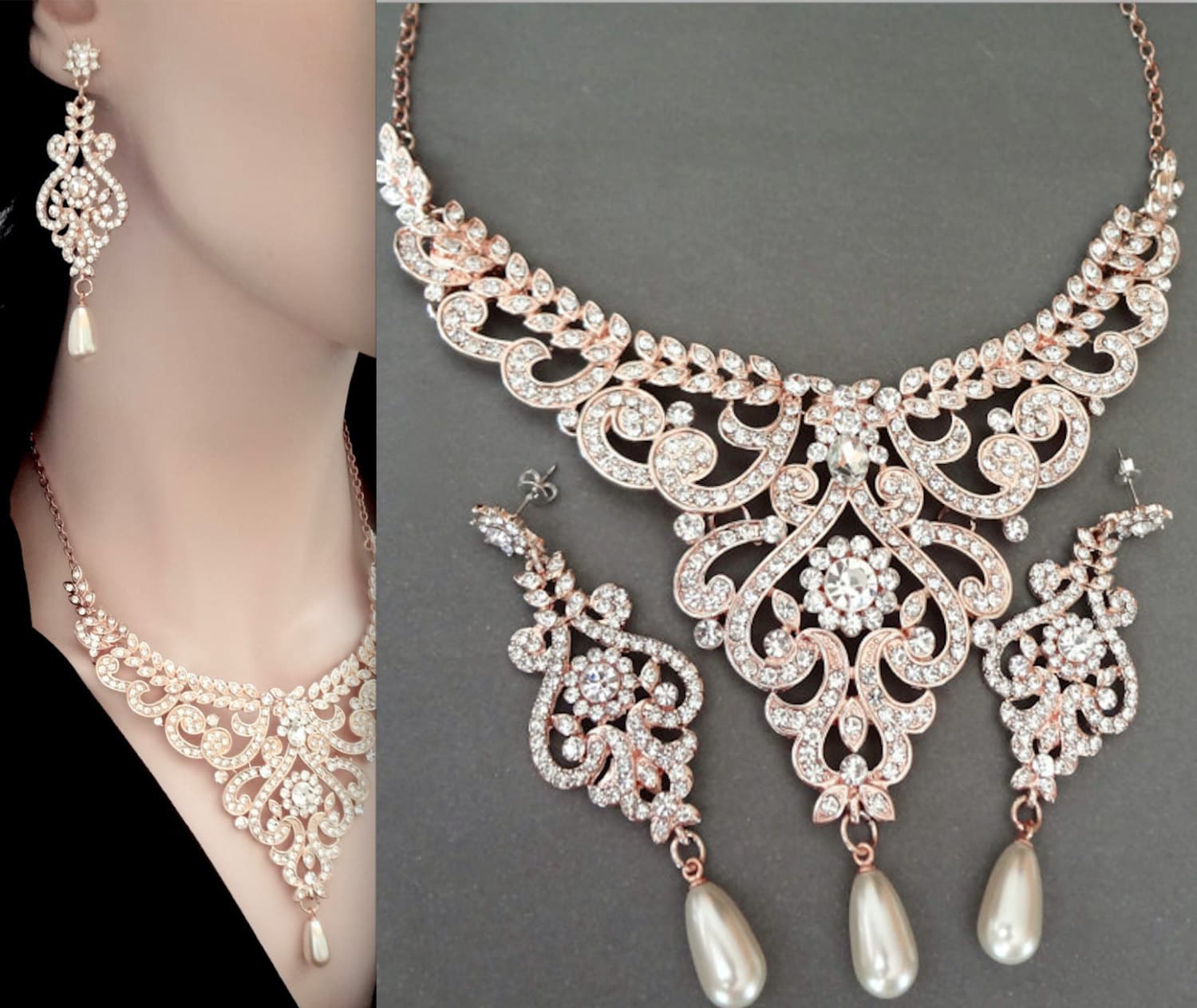 Rose gold pearl set Brides jewelry set Rose gold jewelry