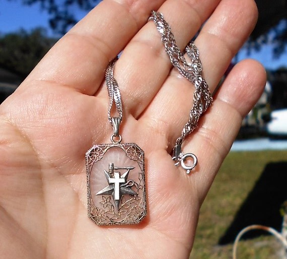 Antique Rhodium Camphor Glass Vintage White Enamel Cross, Hammer, Whip & Star, Filigree Camphor Glass. Sterling Silver Twisted Link Necklace