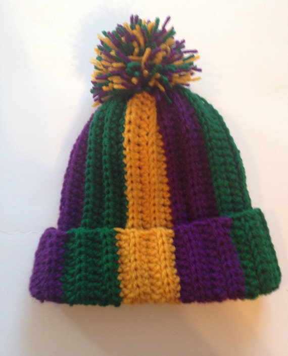 Handmade Crochet Mardi Gras Crochet Hat with Pom or without