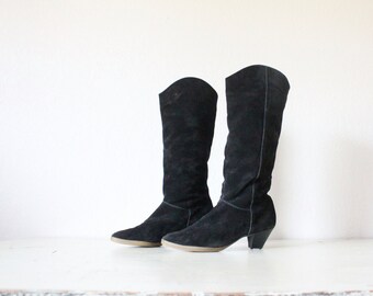 Vintage Black Leather German Faux Fur Lined Boots Sz 7 - See Condition