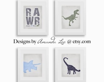 Dinosaur Art Print - Set of Four 8x10 - Dinosaur Room - Blue Dinosaur Designer Set 7