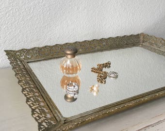 Vintage Vanity Tray With Ornate Art Deco Metal Filigree Gorgeous Patina / Makeup Perfume Display Organizer Storage