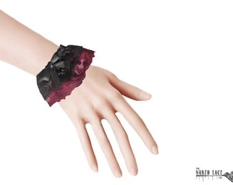 W25 Black and Wine Lace Wrist Cuffs with bead drop