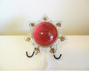 Magnifying Star Paperweight with Stand Antique Goofus Glass Gold Trim Glen Rock Novelty Works