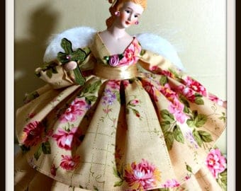 Angel Tree Top, Victorian Angel Tree Topper, Inspirational Porcelain Pink Angel Doll, OOAK Handmade Angel Treetop,