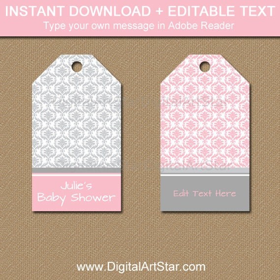 Pink and Grey Baby Shower Tags, Pink and Gray Hang Tags, Damask Baby Shower Template INSTANT 