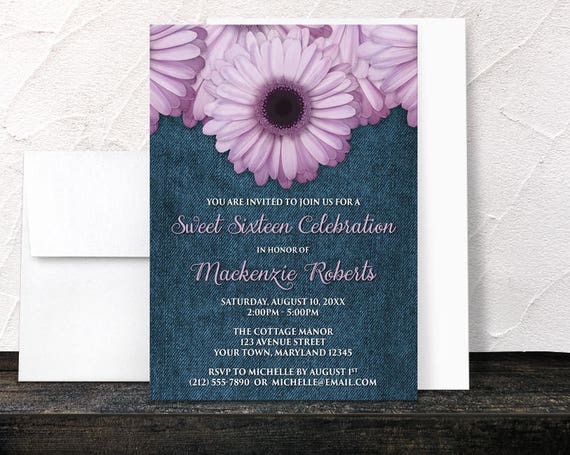 Purple Daisy Denim Sweet 16 Invitations - Purple Blue Floral Spring or Summer Sweet Sixteen - 16th Birthday or any age - Printed Invitations Il_570xn