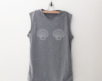 Mermaid shell shirt funny graphic tank women tank workout muscle shirt grunge clothing shell bra boobs shirts gift for her