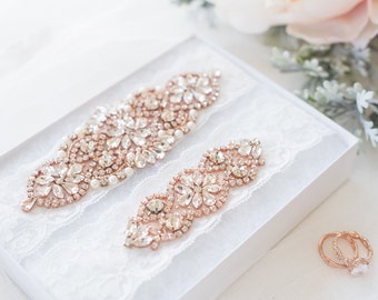 Rose Gold Garter Set - Wedding Garter - Prom Garter - Crystal Garter - Pearl Garter Set - Something Blue