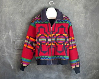 80's Pendleton Blanket Jacket. Dark Red Indian Blanket Wool Coat. Men's Pendleton Jacket. Size Large. | Curious Moose Vintage