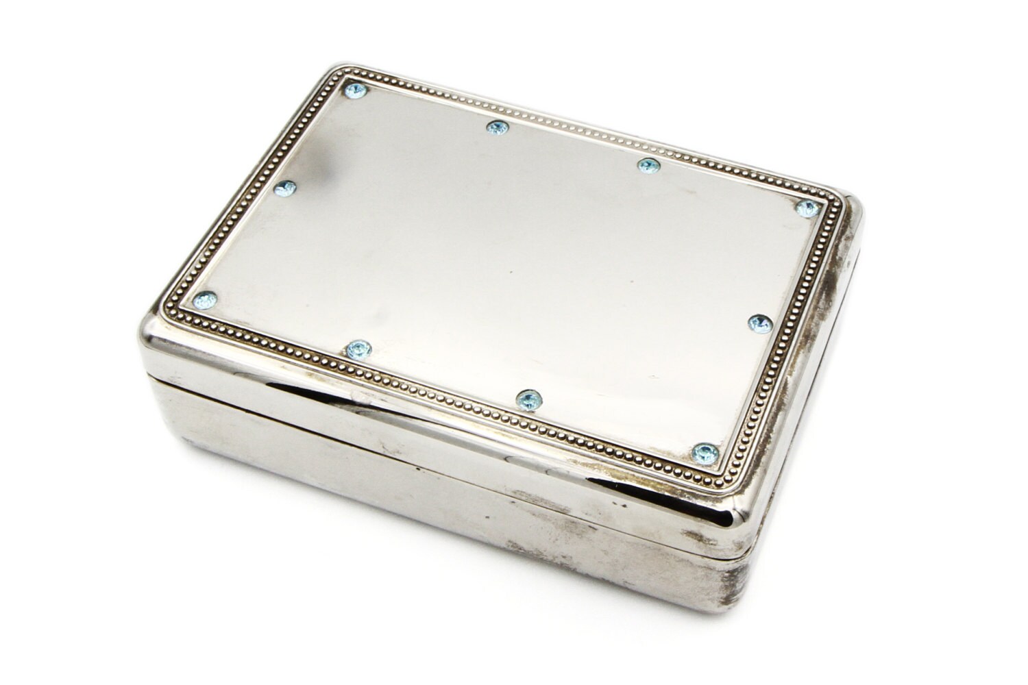 Silver Rhinestone Box Silver Plated Jewelry Box 80s Heavy