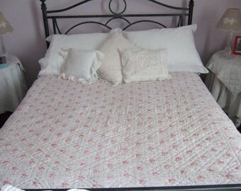 Antique French Quilt, Boutis, Throw. Hand made. Double sided. Charming with small flowers. Faded. Home Decor. Country House. Cottage.