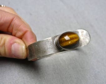70s Modern Erik Granit Finland Sterling and Tigers Eye Cuff Bracelet
