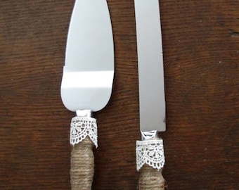 Wedding Cake Server ~ Wedding Cake Serving Set ~ Rustic Cake Server ~ Burlap Wedding ~ Summer Wedding ~ Burlap Wedding Cake Knife and Server