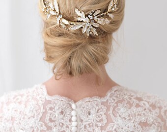 Gold Wedding Hair Clip, Floral Bridal Hair Clip, Gold Hair Clip, Rhinestone Hair Clip, Gold Hair Comb, Gold Headpiece, Hair Clip ~TC-2282-G
