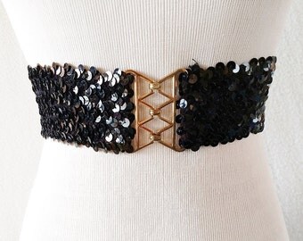 Vintage Black Elastic Sequin Thick Belt