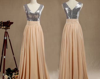 Sequined mix Chiffon Bridesmaid Dress,V neck V back without Sleeves A line Prom Dress,Silver Sequins Straps Champagne Chiffon Floor Length