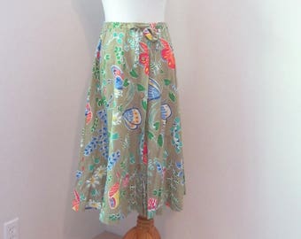 Vintage Summer Skirt, Flower & Butterfly Brightly Colored Print A-Line Skirt, Circa 1970s.