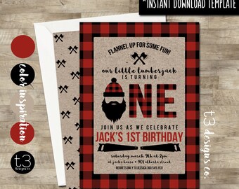 Instant Download, Lumberjack First Birthday Invitation, DIY PDF, Buffalo Plaid Invite, Wilderness Birthday Invite, Beard Birthday, T11