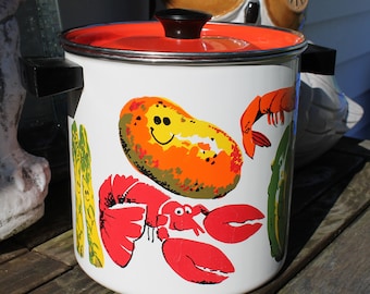 Mid Century Enamel Stock Pot with Lid, Vegetable Steamer, Retro Cookware, Cookware, Smiling Veggies, Seafood Steamer, Seafood Cooker