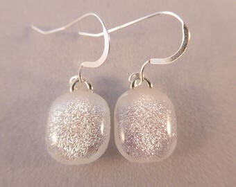 Small White Dichroic Fused Glass Earrings, Dichroic, Fused Glass Earrings, Fused Glass, Dichroic Earrings, Dangle, White Earrings, Wedding